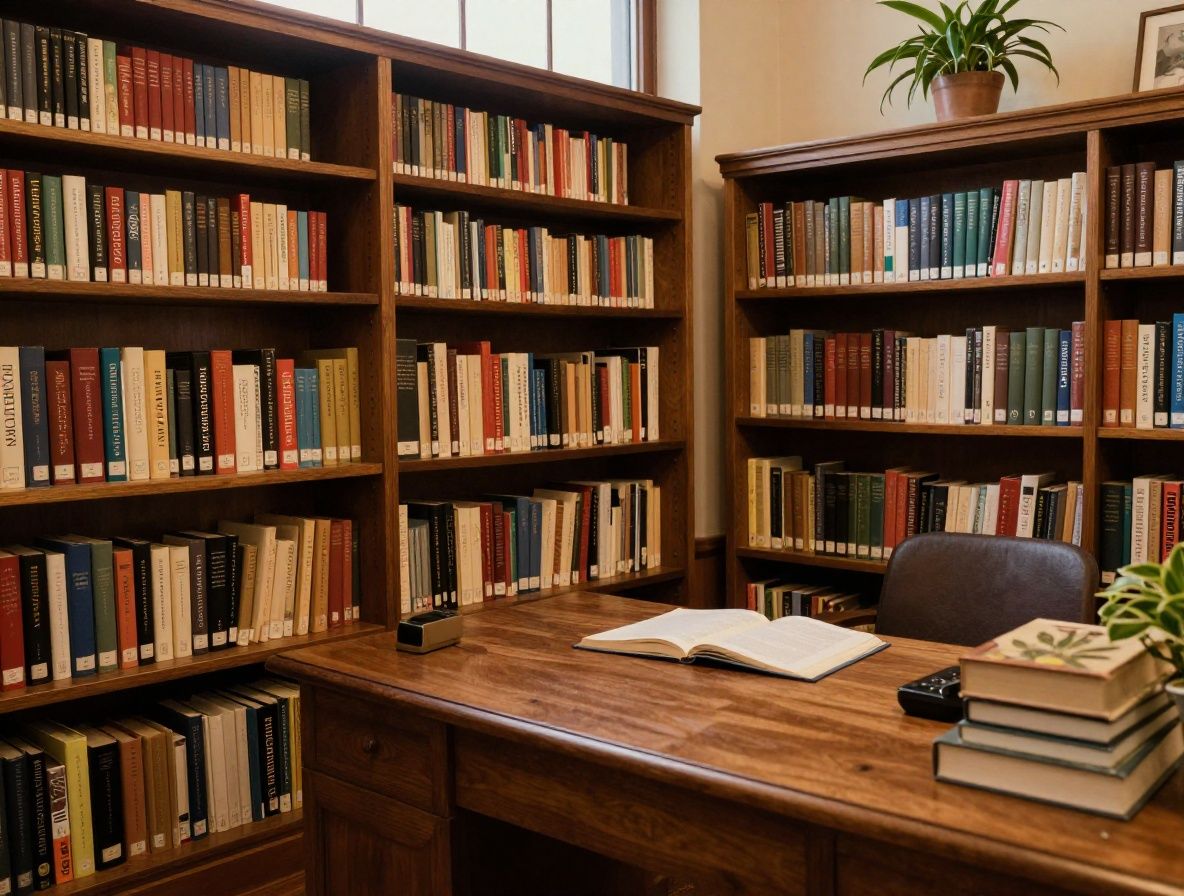 Biblioteca con estantes llenos de libros botánicos y científicos, escritorio de madera con plantas naturales y luz cálida de tarde entrando por ventana