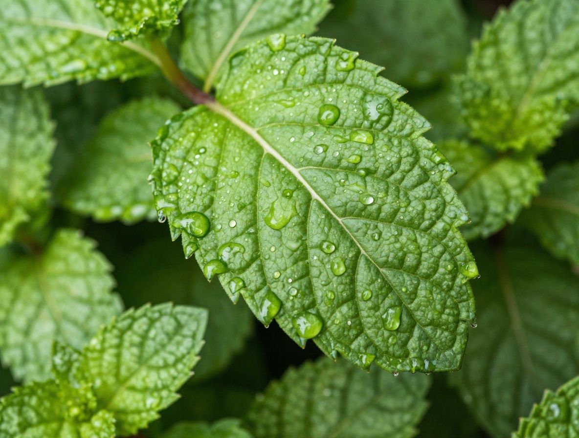Hojas frescas de menta y hierbabuena con gotas de agua cristalinas, fotografiadas con luz cenital que resalta sus venas y textura verde vívida