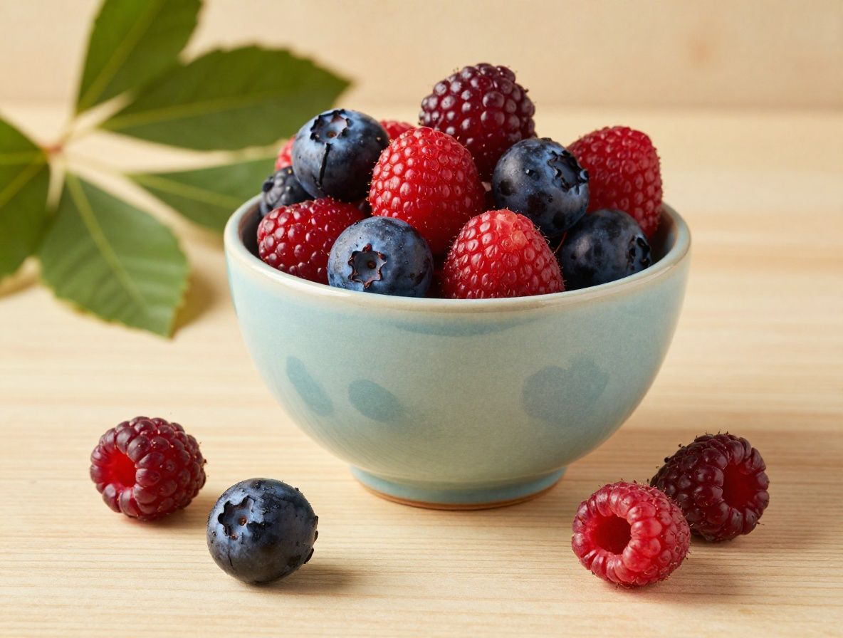 Tazón de cerámica con berries silvestres: arándanos azules, frambuesas rojas y moras negras sobre mesa de madera con hojas verdes de decoración