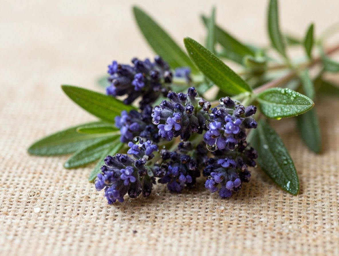 Primer plano detallado de hierbas frescas como romero, tomillo y lavanda sobre una superficie de lino natural, con gotas de rocío visibles en las hojas