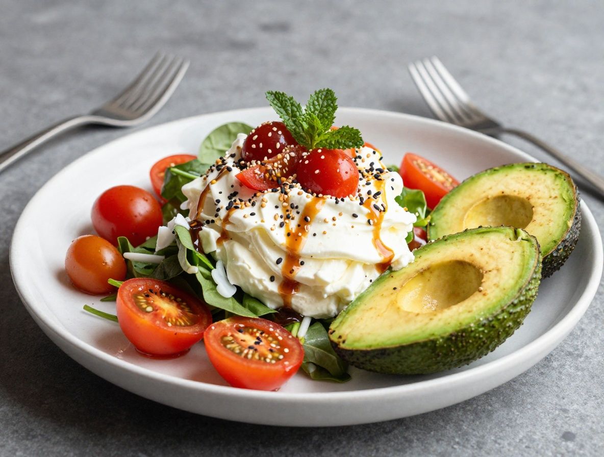 Mesa rústica con ensalada colorida de vegetales frescos como espinacas, tomates cherry, aguacate y semillas, iluminada con luz natural